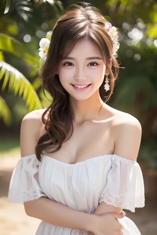  One girl , OFFSHOULDER LIGHT SMILE,  glowing skin,  top quality , masterpiece, ( photorealistic:1.4)