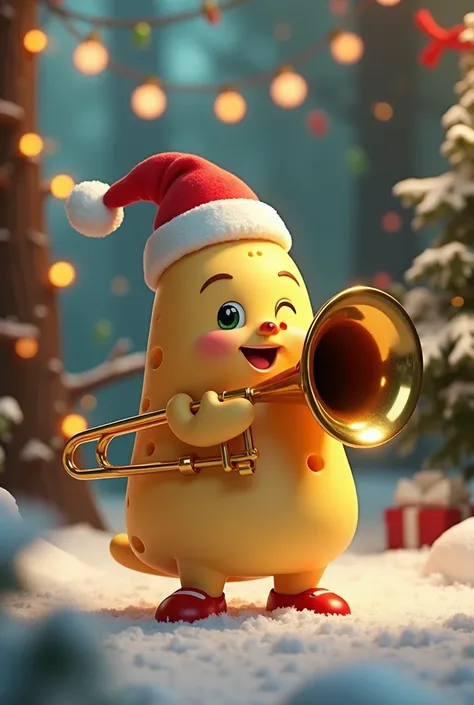 Polenguinho cheese playing trombone at Christmas