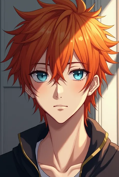  A man with orange hair mixed with dark orange,  messy hair , long,  blue eyes mixed with sky blue and dark blue with dark blue irises, pale fair skin, anime, male and alpha with sleeping and calm eyes ,  with nothing effeminate, alfa, dominant, y alpha ma...