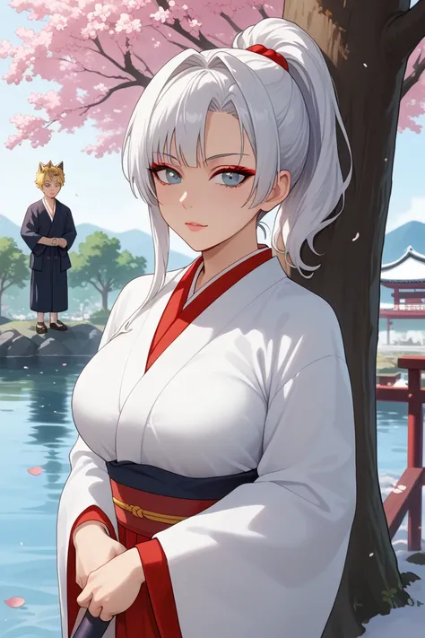  kitsune named ayano , looks about 30 years old,  big breasts ,stern look, with long, white hair, and a touch of azure color at the ends of the hair. has beautiful snow-white skin ,  gray eyes with red spots ,  red eyeliner ,  white kimono with spider lily...