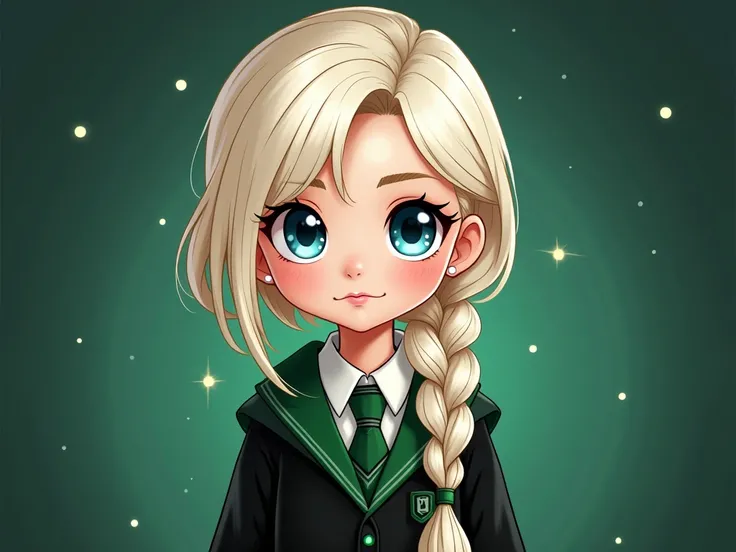  Portrait of a Girl with White Gold Hair , Single braid,  blue eyes , Black dress, green stripe, Put on a Slytherin House student costume , Harry Porter theme, Mystery, , cartoon background with spell and Slytherin house symbol