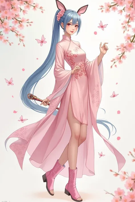  Create detailed design drawing for Vietnamese traditional costume with 2 front and back:

Ao Dai:  Mai Xuan Hong wearing a light pink traditional tunic ,  decorated with spring and cherry blossom patterns .  Article This creates an elegant and tender beau...