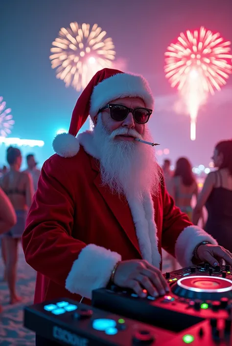  Santa Claus DJ at a rave party on the beach, dressed in glasses ,  smoking cigarettes with fireworks in the air .