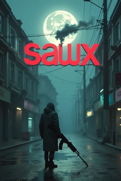  Generate an image containing a moon in the street , with a machine gun Uzi ,  and at the top the word” sawx” with red letters and a smoking devil 