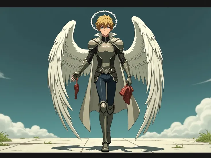 Anime scene. A young guy with smirk wearing minimalist armor. in one hand he has meat in the other hand on the ground dragging the body of an angel with wings and a halo. Walks towards the frame. walks towards the viewer. Very close to the frame