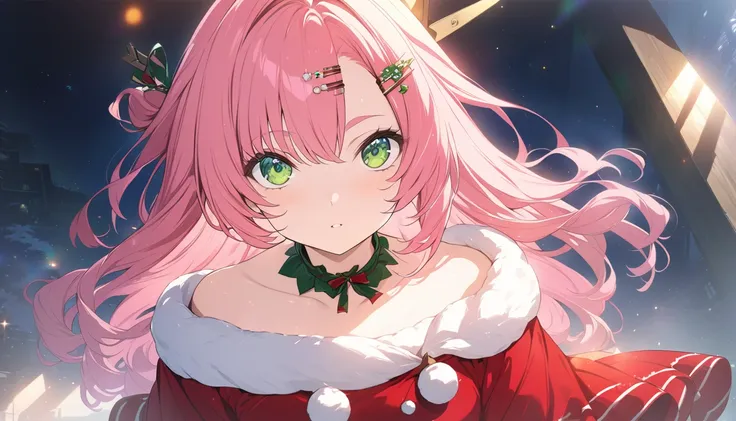 masterpiece， high-resolution ，Anime Art，Anime Numbers， 4k anime wallpaper，Soft Light， radiant skin ， looking at camera， unique ，An anime girl，Standing，Hairpin，Red Christmas dress ， long pink hair， Green Eyes ，chest，thigh，christmas background