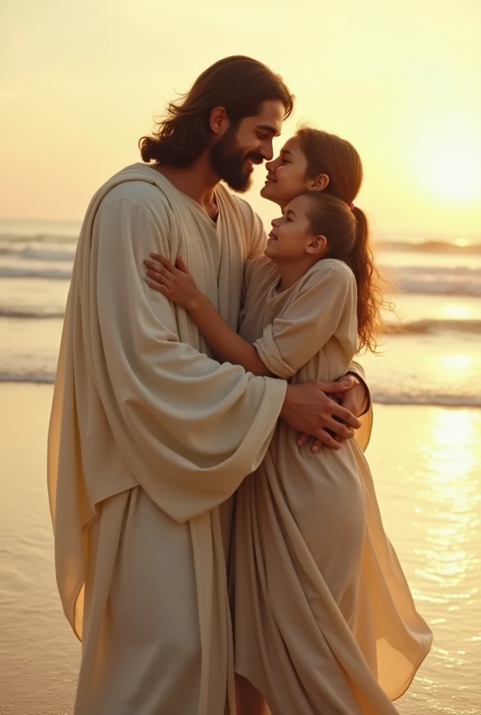 Jesus Christ embracing a mother and brother on a beach. clear environment. 