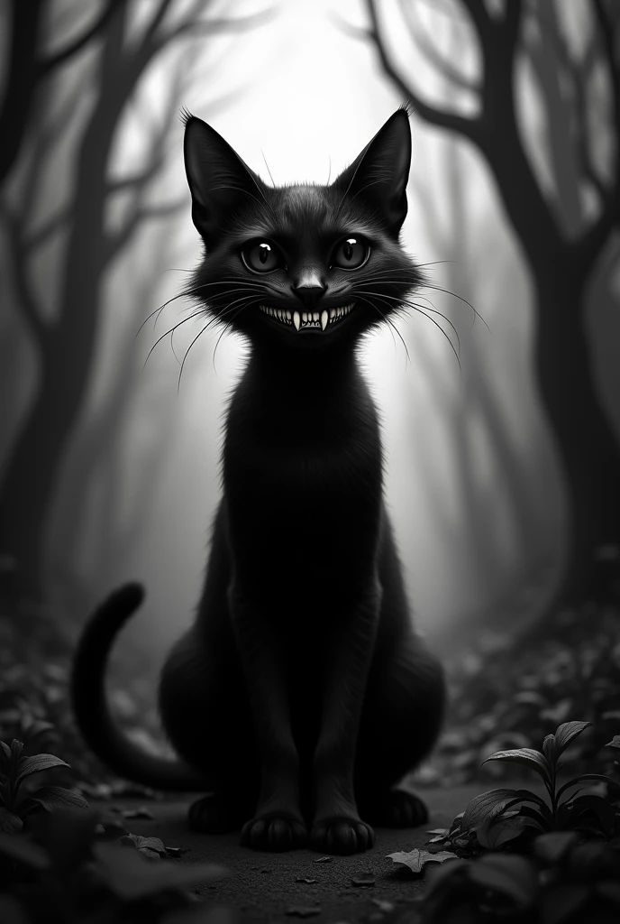 Cat standing on two legs,  smiling with sharp teeth ,  completely black pupils,  in a forest , The image must be black and white 