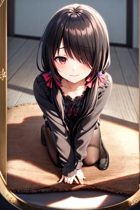 1girl, solo, kneeling, seiza, cckurumi, long hair, low twintails, hair flower, hair over one eye, hair bow, gothic, black dress, ribbon, pantyhose, slippers, sitting, smile, looking at viewer, leaning forward, indoors, living room, television, window, plan...