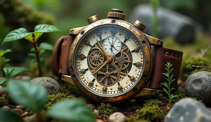 Une montre steampunk pleine dengrenages est  brisée et recouverte de végétation : érable japonais, pierres japonaises, bambou et herbes zébrées 