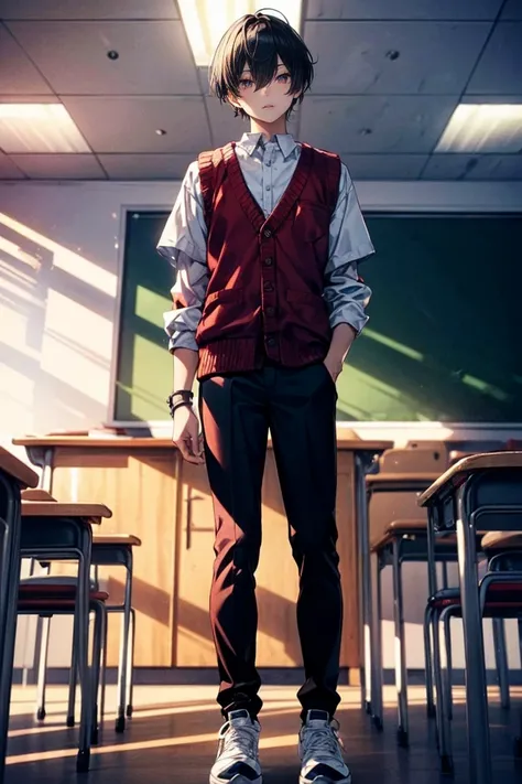 Wide full-body view, a man standing with his hands on a desk, 8K resolution, high detail, around 20 years old, (one male:1.5), black hair, long bangs:1.5, parallel eyebrows, sanpaku eyes, droopy eyes, dark red eyes, student-like attire, white shirt, dark r...