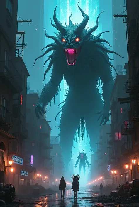 Monstrous cartoon entities in a mystical urban setting on the spiritual plane with dark punk style