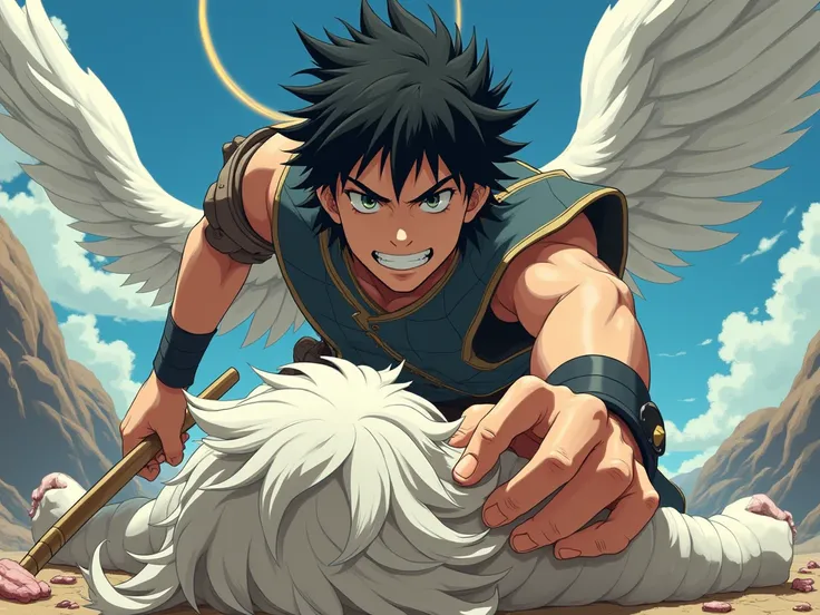 Dynamic anime scene. A young guy wearing minimalist armor grins while walking toward the viewer. He has a piece of meat in his teeth and drags the body of an angel with wings and a glowing halo in his other hand. The angels body is trailing on the ground. ...