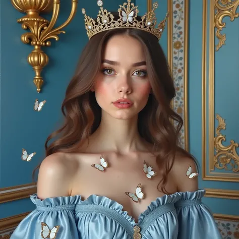 realistic oil painting, He is Russian ,  porcelain skin.  A woman with long brown hair , brown eyes and pale skin ,  is wearing a pastel blue dress ,  is in a palace in blue with gold and white .  wears a crown and is a royal and is very beautiful , He is ...