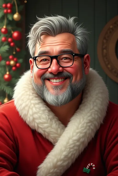 A portrait handsome a little fatty and young Christmas father with glasses in detail skins 