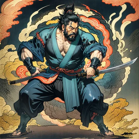   Its a full-body painting with natural colors using Katsushika Hokusai style line drawing.  high kicks 、 the swordsman Miyamoto Musashi 、 and has a large physique like a sumo wrestler .  Japanese Samurai.  He has a majestic yet manly determined expression...