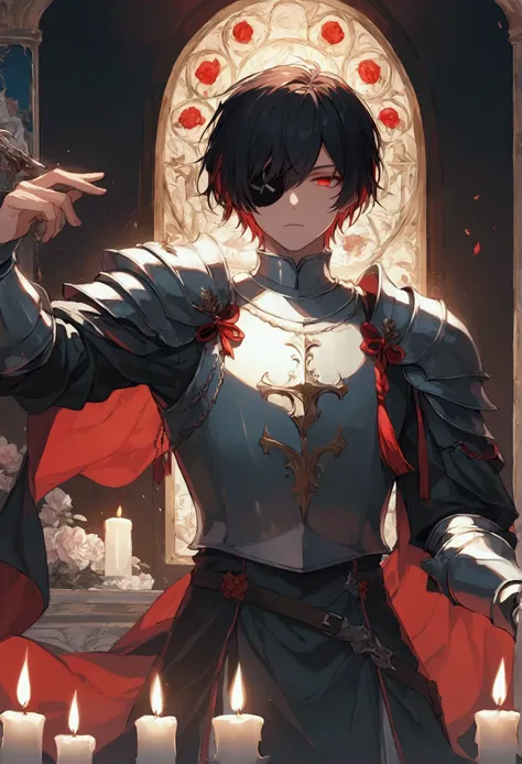 Illustration, top quality, pixiv illustration, very detailed animation, (alone) (male), left eye patch, black hair, short hair, red eyes, knight, dark and serene room with candle, black clothes