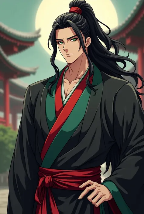 tall man,haughty look, with long black hair , collected in a high ponytail , with jade eyes ,  as well as a green-red eyeliner , , the kimono is dominated by black , red and jade . Anime style 