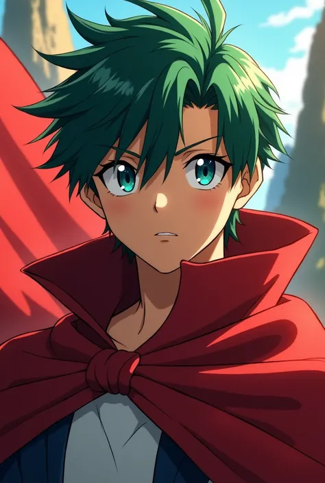 Create a  anime character with green hair, blue eyes, brown skin color and a red cape for men 