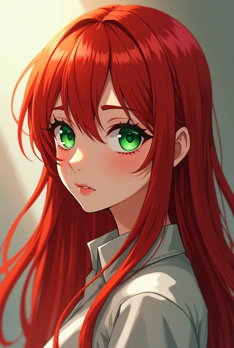  create a red-haired woman, green-eyed , adult, em 2d, type anime