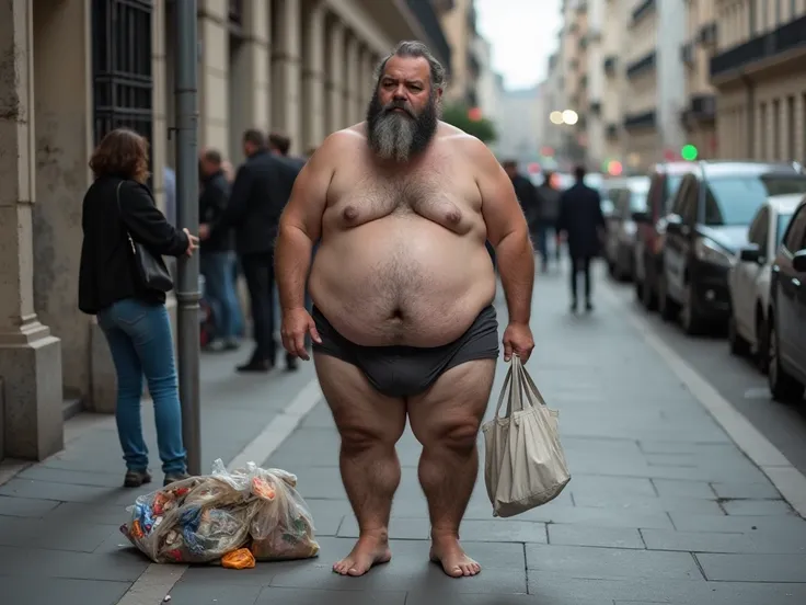 A fat homeless man begs for passers-by ， sees another fat homeless man sleeping on the street，Another fat homeless standing opposite picking up trash ，They were all naked ，Just wearing tattered underwear ，barefoot，Very poor ， People come and go on the stre...