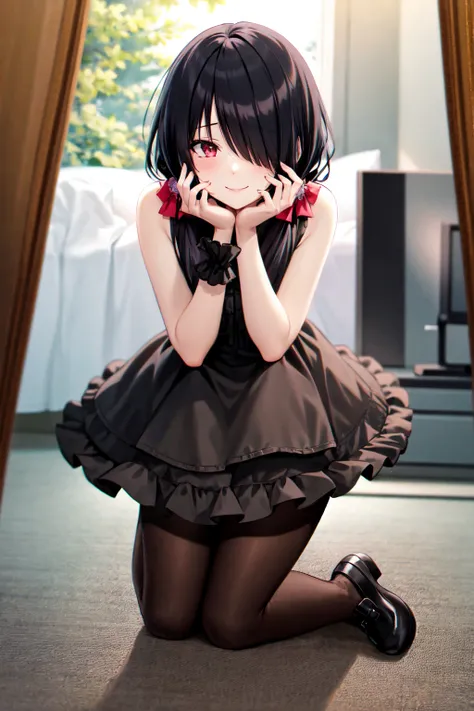 1girl, solo, kneeling, seiza, cckurumi, long hair, low twintails, hair flower, hair over one eye, hair bow, gothic, black dress, ribbon, pantyhose, slippers, sitting, smile, looking at viewer, leaning forward, indoors, living room, television, window, plan...