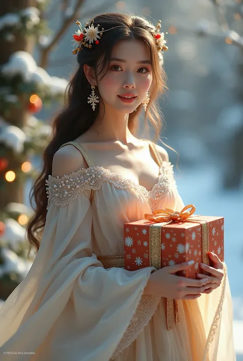 beautiful woman wearing long sleeves christmas and holding gift with dragon animation