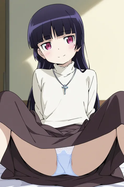 8k, high image quality, high res,HDR:2,anime,Gokou Ruri, beautiful girl,(No hair accessories),Light blue panties,white patterned panties, white sweater, turtleneck, silver necklace,(dark brown long skirt),smile,sit, open legs,room