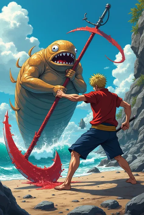 Show a One Piece-style battle between Seki Kyo, the blood-controlling ninja, and an overweight fish-man from the Arlong Pirates on a rocky shore. The fish-man wields a giant anchor, smashing the ground with brute force, while Seki uses his blood scythe to ...