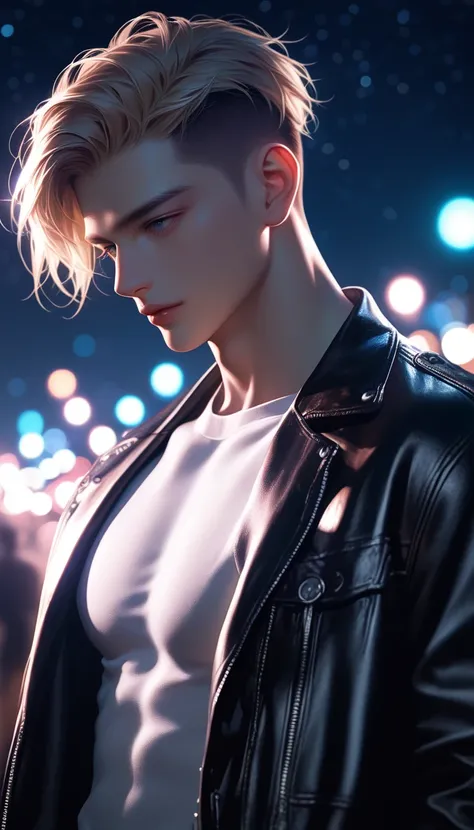 score_9,score_8_superior,score_7_superior,alone,View your viewers,short hair,bangs,shirt,blond Hair,One boy,undercut hair,leather Jacket,white shirt,Men&#39;s Center,Portraiture,Deep Shadow,Browsing Caution,No correction,Browsing Caution, ((night sky in ba...