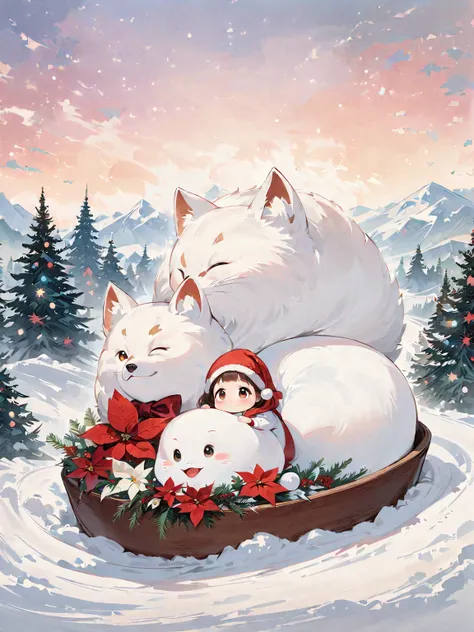  christmas illustration，cute, Snowman， the little character 、 Christmas Winter Scenery ，Christmas ，When it snows , Northern lights。 poinsettia，(masterpiece,    top quality:1.2),    anime style character design， Baby kitsune，， alone， big eyes，  cute express...