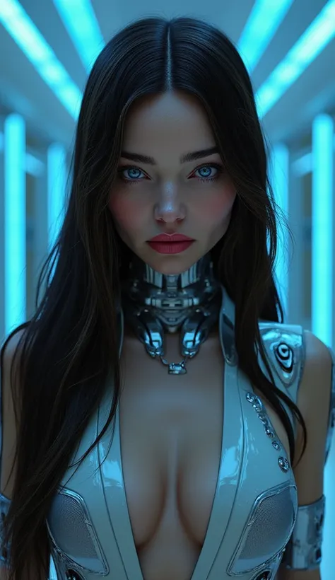 create a futuristic woman with long loose black hair, vibrant blue eyes, thick lips, very beautiful, with a serious face, and with robotic parts