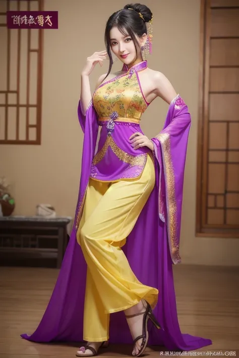 The woman is wearing an ancient dance costume, including a yellow full-length halter top blouse, and purple chiffon trousers on the bottom. She is an oriental beauty with a very Chinese style. The costume is very Song Dynasty style. She has her back to the...