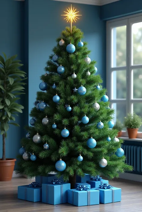 draw a realistic green christmas tree with a few blue decorations, 1 yellow star on top, and blue presents