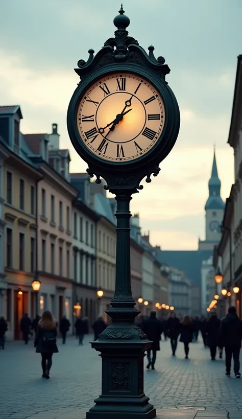 An old clock,  Large size ,  in the center of a quiet square . Their hands are stopped , and around,  people walk without noticing their hidden power .  The clock reflects a soft light that illuminates the scene,  with old buildings and a serene sky in the...