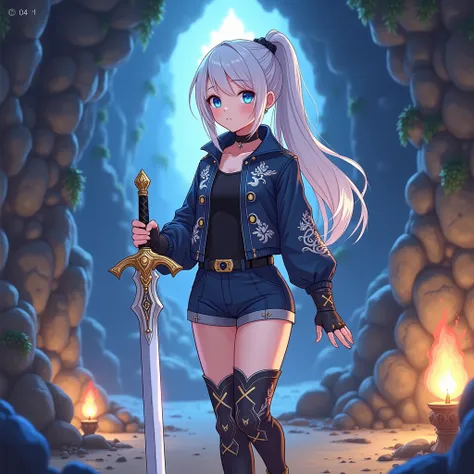 "A Japanese anime-style illustration of a 16-year-old girl in a modern isekai fantasy world. She has long, flowing light gray hair tied into a high ponytail that cascades down her back, with soft strands framing her delicate face and a light fringe across ...