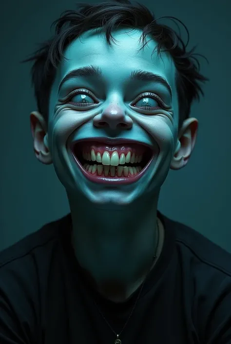  Showing His Double Teeth
The skin is light blue、Young Villain with an Unsuitable Smile While Looking Upside Down 