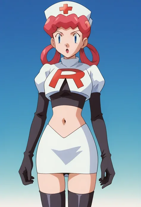 score_9, score_8_up, score_7_up, score_6_up, score_5_up, score_4_up, BREAK, 1girl, Miss Joy, pink hair, hair rings, blue eyes, nurse cap, team rocket,team rocket uniform,white skirt,red letter R,crop top,black thigh-highs,black elbow gloves, cowboy shot