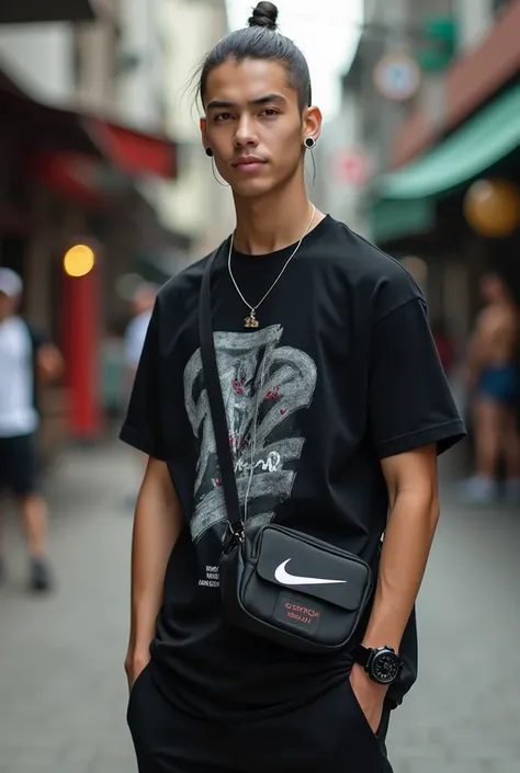 Handsome youngman with neck-length haircut but tied back in a ponytail bun skin head, fullbody, holding an iphone, wearing long hand black printing t-shirts, black button earrings, black g-shock watch, white earphones, nike sling bag, fullblack nike sneake...