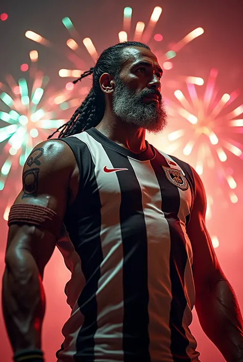 A Cacique wearing the Colo-Colo t-shirt and fireworks in the background 