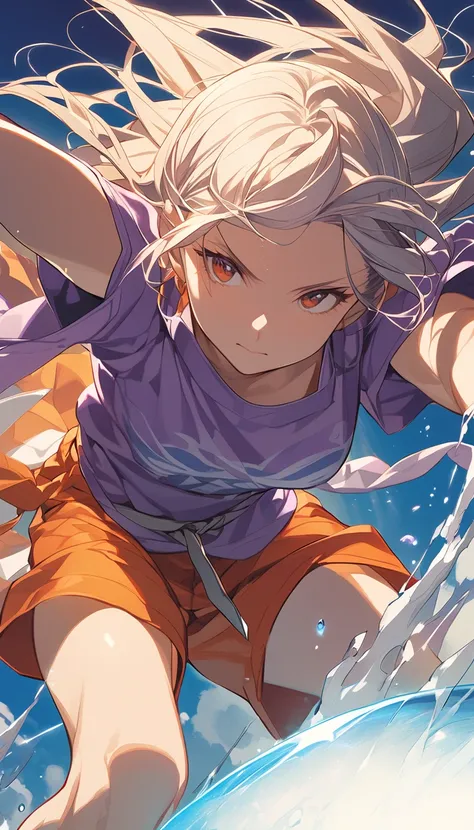  anime image of a woman wearing a purple shirt and orange shorts and holding a ball,  Hinata Hinata, Kentaro Miura!, Close up of two people running through the sky against the , Kentaro Miura manga style, Toru Furuya,  Focus on it  , Akihiko Yoshida!,   Mi...