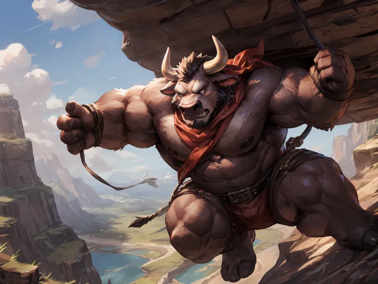 deep brown bovine, deep brown ox, deep brown bull, red scarf, ox horns, horns, Bulls tail , anger, tight-fitting adventurer clothes, solo, in heeltop, Cliff , Precipice, Bungee jumping, masterpiece, (16K), HD, Various facial details, detailed background, v...