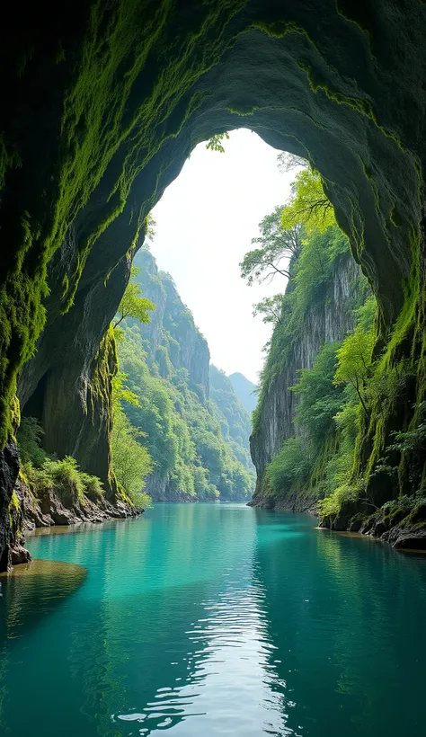  Natural cave atmosphere with walls full of dense green moss ,  overlooking the clear turquoise waters .  The exterior landscape shows dramatic lush green cliffs and calm water reflections,  creates a calm and magical atmosphere . The clear sky seen throug...