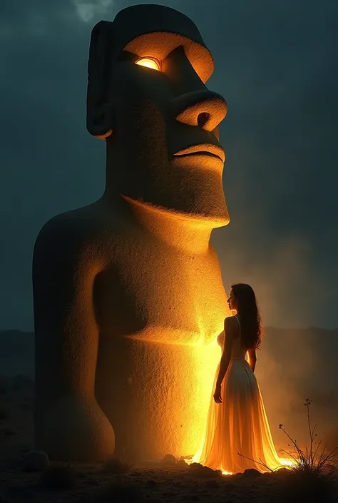 Its a moai statue that illuminates a woman. Its a zebra color