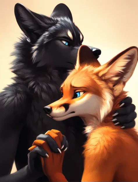 score_9, score_8_up, score_7_up, source_furry, rating_safe, by kenket, anthro, duo, male/male, wolf, black body, blue eyes, fox, orange body, cowgirl style, legs, hand holding, 1 sad fox, sad face, fullbody portrait
