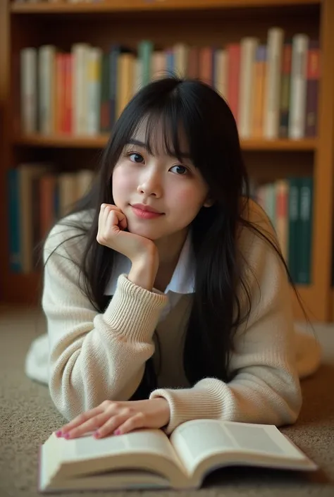 A cozy library scene featuring a young woman lying on the carpeted floor, surrounded by bookshelves filled with colorful spines. She is dressed in a soft, oversized cream sweater layered over a crisp white collared shirt, giving her a scholarly yet relaxed...