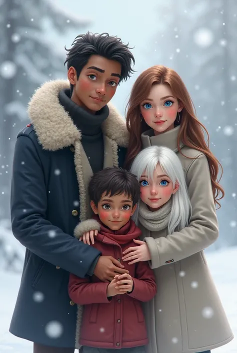  A brown-haired white woman with brown eyes , a black-haired white man with blue eyes ,  a black-haired white boy with blue eyes and a white-haired girl with blue eyes in the snow