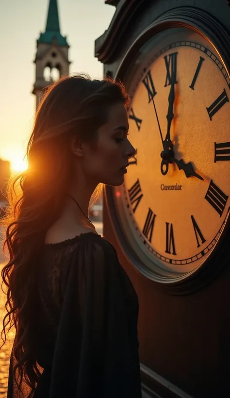  The young woman Elisa wakes up the clock with a determined expression .  The hands of the clock seem to move slowly as she connects with the past.  The background is bathed in shades of sunset ,  creating an atmosphere of mystery and magic ." The clock is...