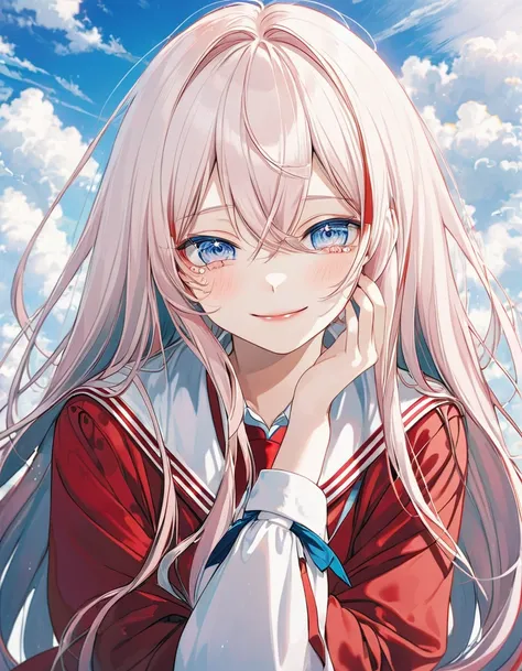 teenager, smiling, embarrassed, seiza, looking at viewer, absurdly long hair, with tears in eyes, pale skin, school uniform, red cape, 鈴を持つ,in the clouds, upper body, pastel colors