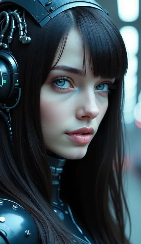 create a futuristic woman with long loose black hair, vibrant blue eyes, thick lips, very beautiful, with a serious face, and with robotic parts